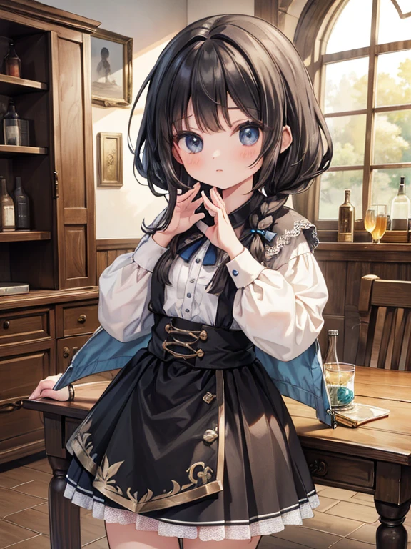 masterpiece, highest quality, Very detailed, 16k, Ultra-high resolution, Cowboy Shot, Detailed face, Perfect Fingers, A 13-year-old girl, black eye, Black Hair, Braid,  renaissance_alchemist_studio, table, Chair, Chairに座る