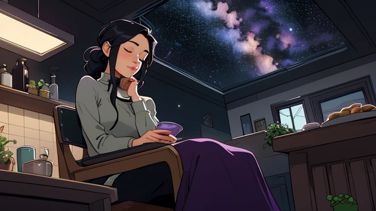 Late at night, a Beautiful woman in her 30s with black hair tied is sitting on the sofa with her eyes closed in a stylish living. Cozy wallpaper, Gwydz style artwork, LOFI girls, trending at cgstation, relaxed mood, nightcore, cozy, night, wide glass windows, starry sky, table, chair, fridge, sink, and she was the only one in the room. beautiful flower. Plants, 2D style animation, looking down.Well-proportioned face, Outside the window is a pitch black starry sky, purple wall, kitchen is dimly,