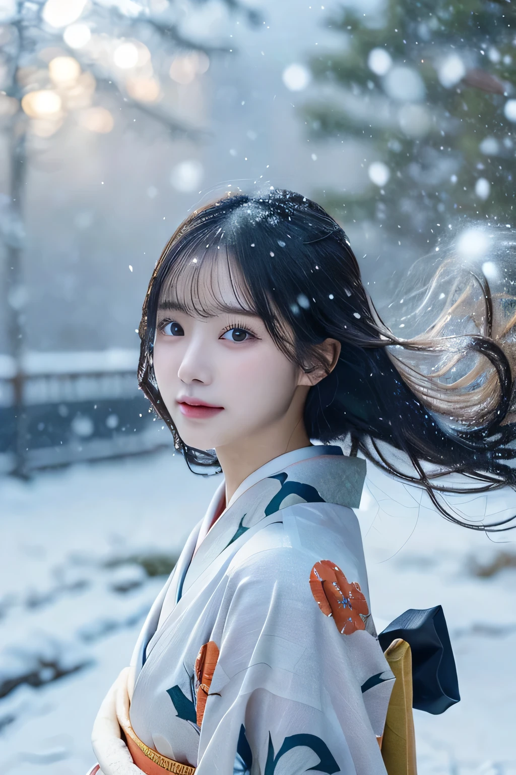 (Kimono)、、(top-quality,masterpiece:1.3,超A high resolution,),(ultra-detailliert,Caustics),(Photorealsitic:1.4,RAW shooting,)Ultra-realistic capture,A highly detailed,high-definition16Kfor human skin、 Skin texture is natural、、The skin looks healthy with an even tone、 Use natural light and color,One Woman,japanes,,kawaii,A dark-haired,Middle hair,(depth of fields、chromatic abberation、、Wide range of lighting、Natural Shading、)、、(Falling snow:1.3)、(Hair swaying in the wind:1.3)、(Snow reflects light:1.3)