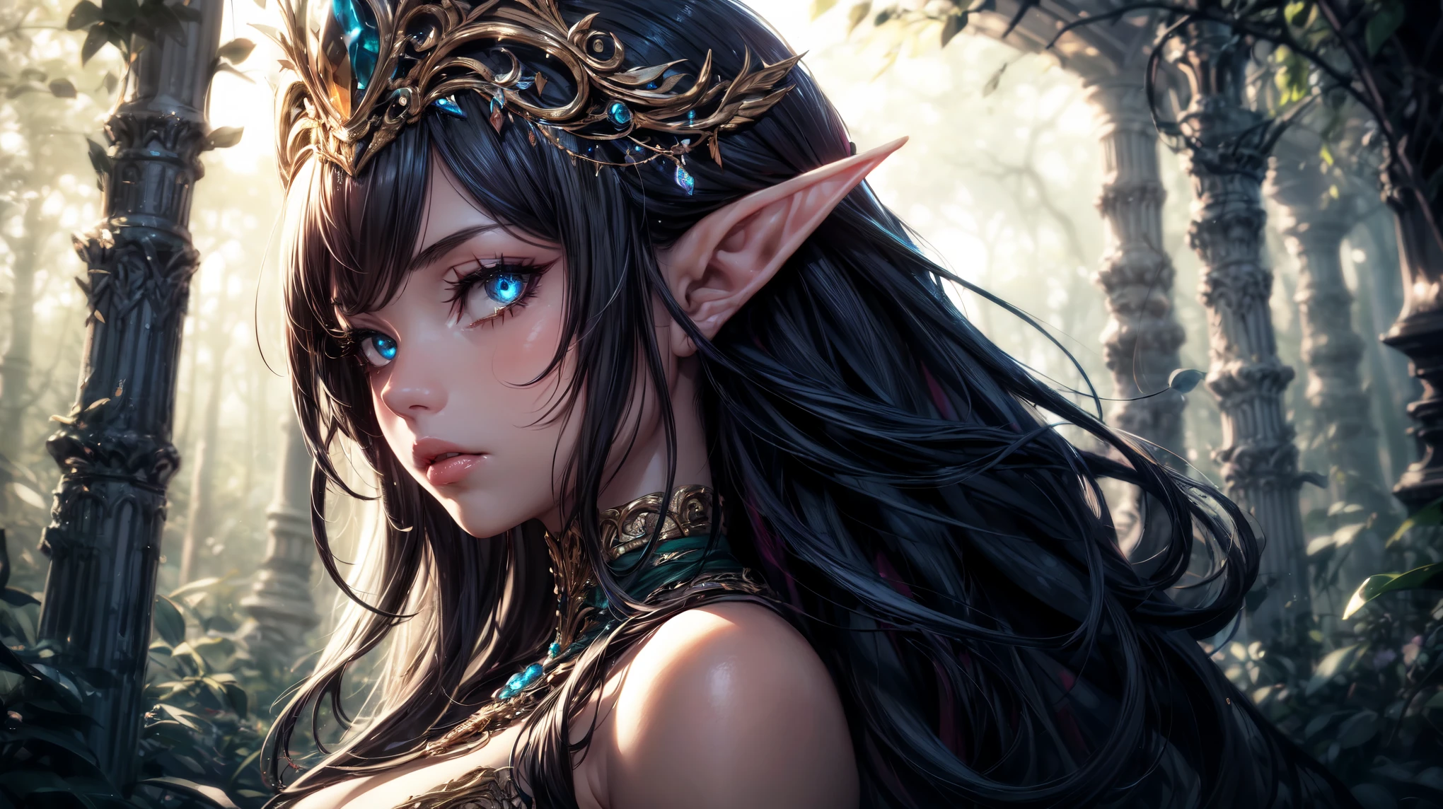 (solo, wide angle), a pretty beautiful ((elf girl)), highly detailed, elegant fantasy portrait, dramatic lighting, intricate costume design, lush forest background, glowing magical energy, ethereal and mystical atmosphere, stunning vibrant colors, cinematic lighting, cinematic composition, lifelike skin texture, piercing eyes, delicate facial features, long flowing hair, ornate headpiece, intricately embroidered dress, shimmering light effects, warm color palette, dramatic chiaroscuro lighting