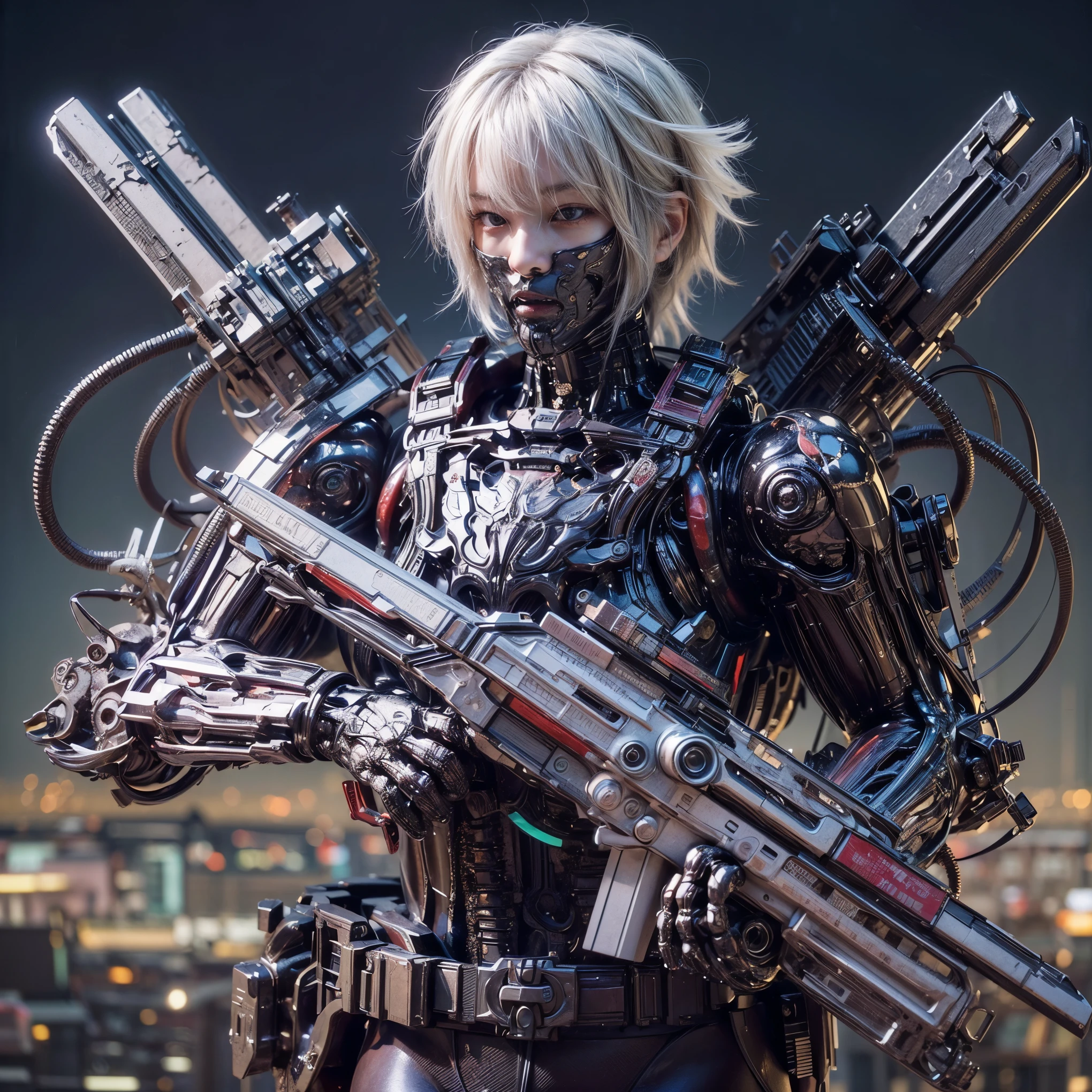 (top-quality:1.2, masterpiece), ultra high resolution, (Photorealsitic:1.4), (crab-base body),  1 Japanese female, extremely realistic face, (white hair), ((ultimately intricate all details)), (whole body picture), realistic shadow, octan render, glossy textures, character edge light, Details of complex ornaments,  dystopia with a beautiful view at night, fighting pose