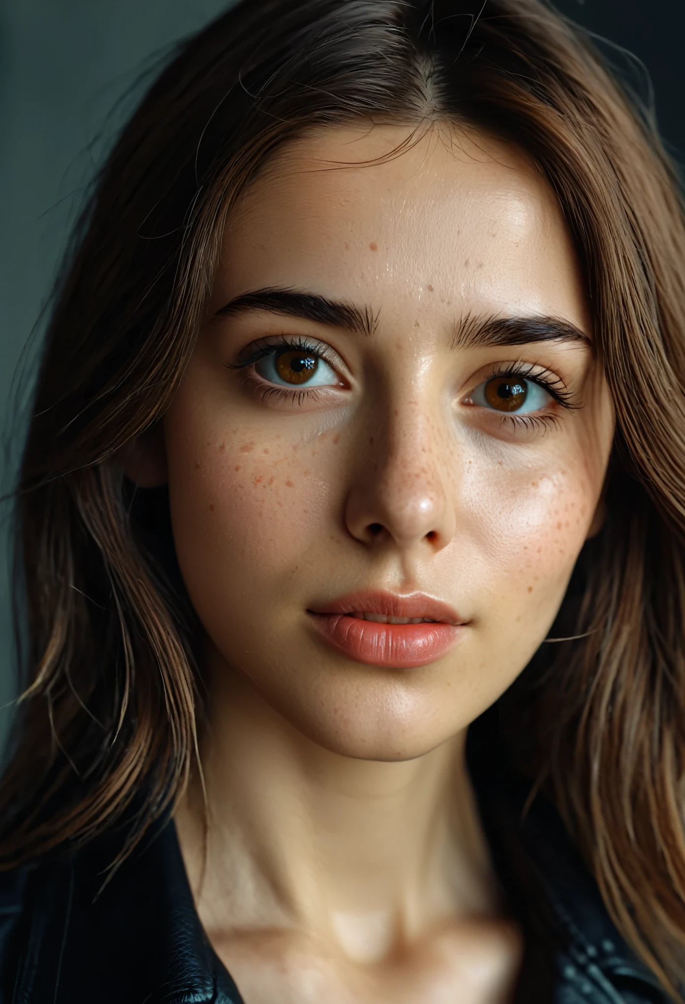 photoshoot, photo studio, Raw photo, editorial photography, Cinematic, posing, Android photo of Armenian girl,150 mm,dlrs, Beautiful soft light, Vivid details, Brown hair, face looking at camera, a wonderful masterpiece from the head of operational engineering . 4K, very detailed. skin imperfections, freckles, ultra textured leather, Natural skin texture, detailed cloth texture, beautiful detailed perfect face, perfect face, (High quality, Best quality:1.3), extremely high resolution, photographic, realistic, 8K, фотоrealistic, Amateur photo, UHD, film studio 800 tungsten , Cinematic photography by sofia coppola, Nikon D850 photo from the film Kodak Portra 400 camera f1.6 lenses, 8K, UHD