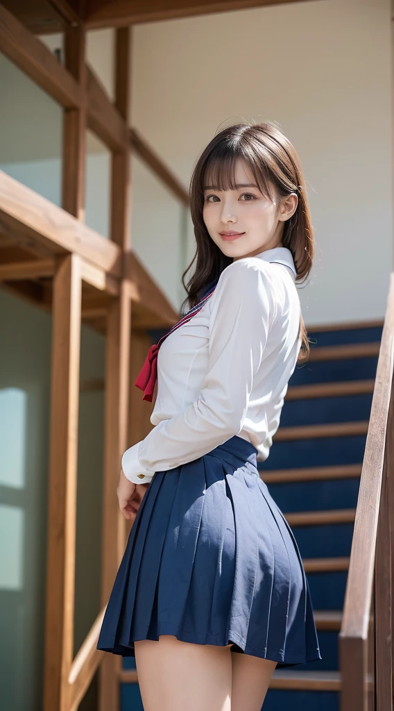  (8K, best quality, masterpiece:1.2), (realistic, photo-realistic:1.37), (high color saturation:1.0),  (highly detailed skin), (highest quality:1.0), (ultra high resolution:1.0) ,(realistic:1.0), (Super detailed:1.0), (8K, Raw photo:1.1)、standing random pose, smiling, natural breast, perfect lighting, ((3girls students)), 18years old, (mysterious), clear and detailed, ((school_uniform, Japanese sailor uniform, flared skirt)), (indoor school climb the stairs), surprised face, (white_panties), looking at back viewer, nsfw, low angle photo,