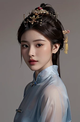 Model shoot squinting:1.4,Taoism,single bun,(Wearing a Chinese hairpin on her head:1.5),Use a rosewood hairpin,(Revealing the translucent cheongsam),(Urzang-6500-V1 version.3,Pure face_V1,Octane Rendering),Elegant Posture,xxmix girl woman,Perfect composition golden ratio, masterpiece, best quality, 4k, Clear focus. Better Hands, Perfect anatomical structure.