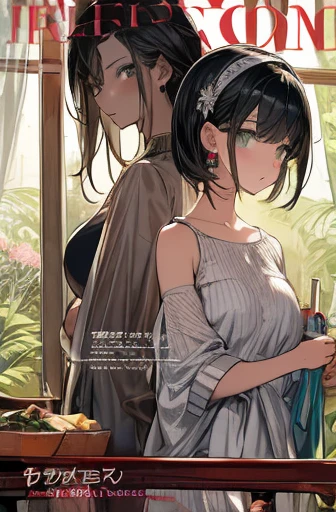 (small breasts:1.3), (perky chest:1.1), (pointed chest:1.0), (fashion magazine cover:1.3)，(from below:1.0),(from side:0.9),masterpiece, 1girl, Amazing Cleavage:1.1, thin waist, big ass, Raised sexy, small breast: 1.3, posed cleavage:1.2、solo, looking at viewer, open mouth, have a cute grass of cute beergrass,black hair, dark green eyes, dress, bare shoulders, jewelry, collarbone, sidelocks, hairband, earrings, indoors, off shoulder, :o, sweater, arms behind back, plant, short hair with long locks, gild hairband, off-shoulder dress, sweater dress, off-shoulder sweater, red sweater, dark gord hair, big side hair, very long side hair,is rendered in (masterpiece: 1.2, best quality), with (ultra high resolution) and an exquisite (depth of field). This masterpiece is not only visually stunning but also tells,A scene of cooking in the kitchen by classroom
