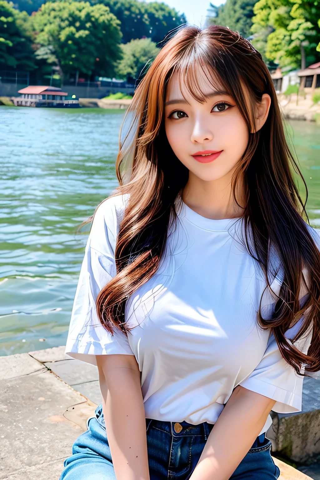 ((Full Body Angle))、((highest quality, 8K, masterpiece: 1.3)), concentrated: 1.2, Cute girl 1,Nipples erect、 Perfect beauty: 1.4,Cut and sewn T-shirt Raglan sleeve summer short sleeve T-shirt.Shorts: 1.2,Long sleeve、Randall Color、comics&Text Graphics、Black ruffle-trimmed drawstring zip blouse,1.1, Highly detailed face and skin textures, Fine grain, double eyelid, whitening skin, ,highest quality,Ultra-high resolution,you,1 girl,alone,_Shiny_skin,Iris,necklace,((Brown_length_Wavy_hair)),(lips)),eyelash,Front hair,deal with,compensate,Shiny,pore,skin texture,Large Breasts、smiling face、((Front hair:1.2))、River side、stroll、