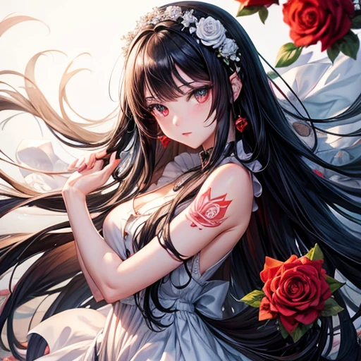 Anime girl with long black hair and a white dress with red roses, tattoo, Beautiful eyes in every detail, Gweitz, Gweitz on pixiv artstation, Detailed digital anime art, Beautiful Anime Girls, Gweitz on artstation pixiv, Anime Style 4k, everyone, Beautiful anime portraits, Detailed portrait of an anime girl, Detailed anime art, Beautiful Anime Woman