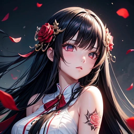 Anime girl with long black hair and a white dress with red roses, tattoo, Beautiful eyes in every detail, Gweitz, Gweitz on pixiv artstation, Detailed digital anime art, Beautiful Anime Girls, Gweitz on artstation pixiv, Anime Style 4k, everyone, Beautiful anime portraits, Detailed portrait of an anime girl, Detailed anime art, Beautiful Anime Woman