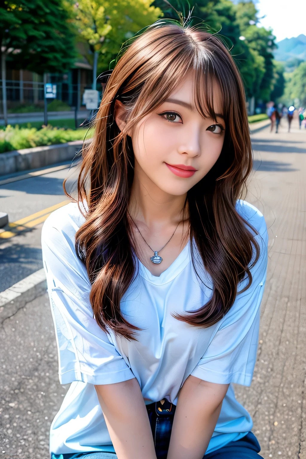 ((Full Body Angle))、((highest quality, 8K, masterpiece: 1.3)), concentrated: 1.2, Cute girl 1,Nipples erect、 Perfect beauty: 1.4,Cut and sewn T-shirt Raglan sleeve summer short sleeve T-shirt.Shorts: 1.2,Long sleeve、Randall Color、comics&Text Graphics、Black ruffle-trimmed drawstring zip blouse,1.1, Highly detailed face and skin textures, Fine grain, double eyelid, whitening skin, ,highest quality,Ultra-high resolution,you,1 girl,alone,_Shiny_skin,Iris,necklace,((Brown_length_Wavy_hair)),(lips)),eyelash,Front hair,deal with,compensate,Shiny,pore,skin texture,Large Breasts、smiling face、((Front hair:1.2))、River side、stroll、