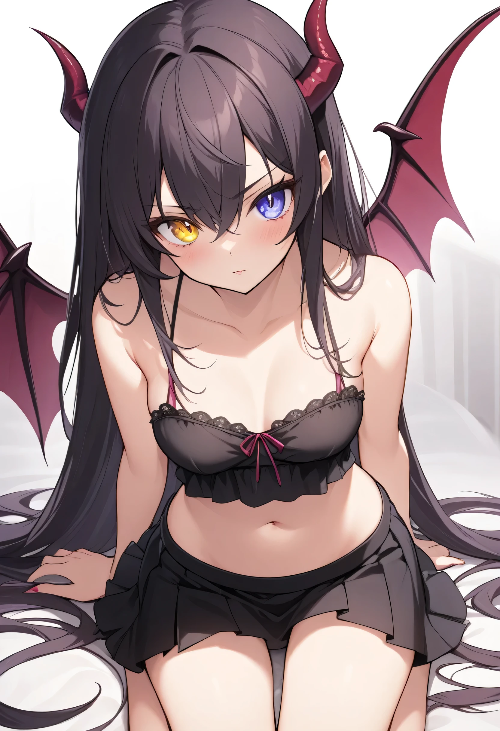 one,girl,long hair,Heterochromic eyes,mini camisole,mini skirt,Succubus