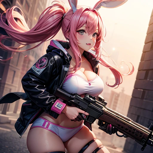 Cute and sexy girl, Pink Hair, Bunny girl, Ultra-realistic, Detailed lighting, anime, Holding a shotgun and wearing a Sukajan jacket