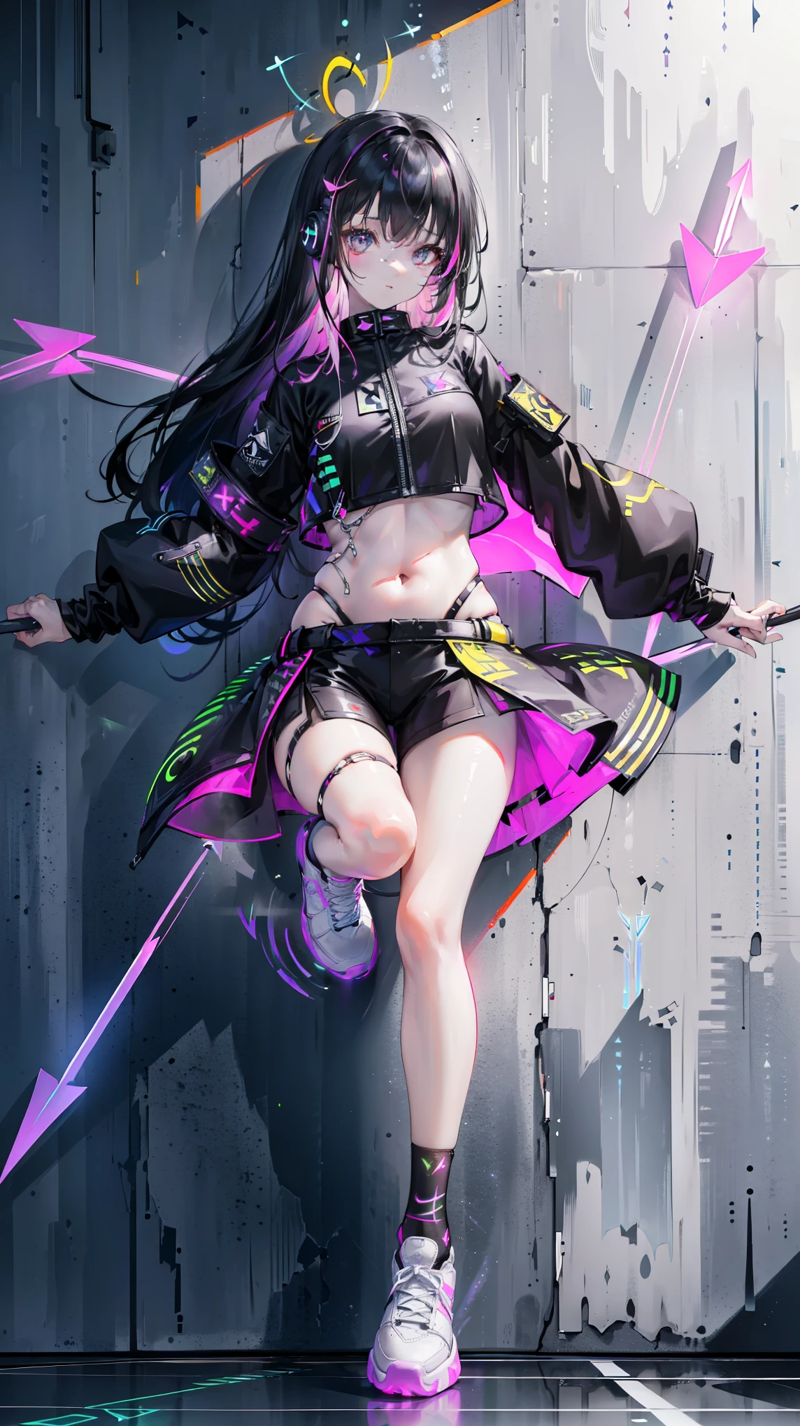 (8K, best quality: 1.4, on the table: 1.4, Ultra HD, Maximum resolution, Very detailed), Professional lighting, Gray light illumination, (Single Girl: 1.4), dance, Artistic jump, break dance, Intense Action, vitality, ((Colorful lights illuminate her)), (A series of colorful arrows and symbols are projected onto the screen:1.6), (There are many speakers stacked on the wall: 2),Cyberpunk, Colorful clothes、Strange、Lively look、Playful accessories、act of creation、full of imagination,autonomy、DJ headphones, (Fluorescent dance floor:1.5), Solitary, Flowing hair, Beautiful woman, a small face, Abdominal muscles, (Asymmetrical bangs, Black Hair, hair above one eye, Messy long hair), (queue) Work clothes, Good at sports, white sneakers), (Fingers are thin and thin, Detailed body, Detailed weapons, Human Hand), (Delicate face), low angle bottom, Popular venues