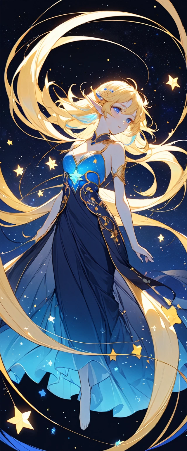      naughty elf.Night Guardian.Dark blue background，Narrative poetry with a dreamy atmosphere，The starry sky sparkles with golden stars，The beautiful oriental girl transforms into an elf and wears blue luminous silk，clean background，Messy hair，A large amount of stardust gathers into a swimming winding river of stars，The wind blows golden lines with soft glow，Flat design style，Highly saturated colors，Golden light spots shine on the face of the beautiful girl，quiet and gentle。