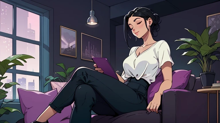 Beautiful woman in her 30s with black hair tied is sitting on the sofa with her eyes closed. and wearing headphones listening to music. Looking down, eyes closed, LOFI girl, alone in the room, V-neck blouse, long legs, cozy wallpaper, big cushion, bookshelf, beautiful flowers, plants, relaxing mood, night core, cozy, wide glass window with skyscrapers, outside view at night, only five fingers, hair tied up, dark room, purple wall,
