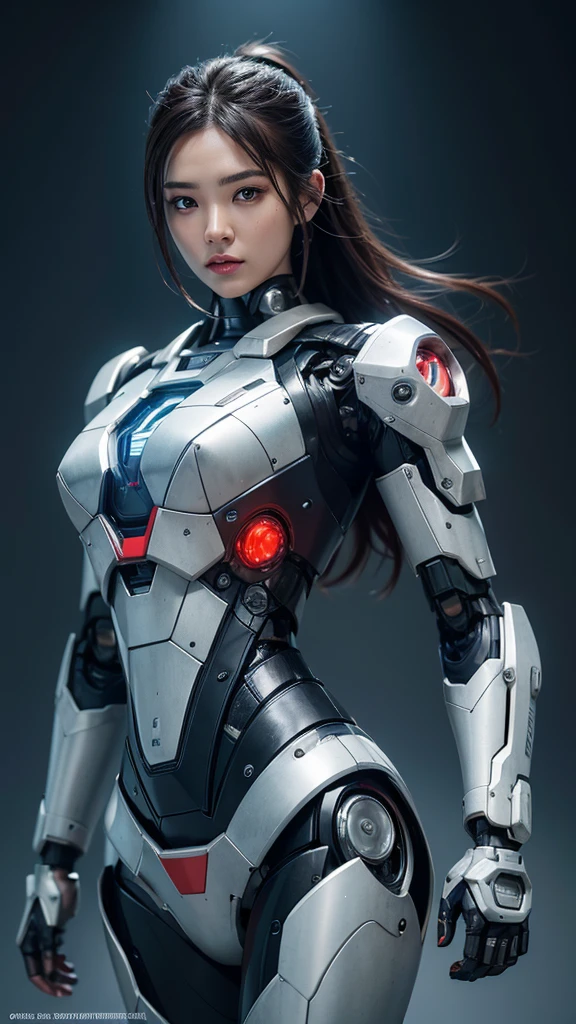 Textured skin, Super Detail, high details, High quality, Best Quality, hight resolution, 1080p, hard disk, Beautiful,(Iron Patriot),2 females,beautiful cyborg woman,Mecha Cyborg Girl,Battle Mode,Girl with a Mecha Body,She wears a futuristic Iron Patriot mech,Fulll body Shot,A powerful cyborg woman, sleek and futuristic, with advanced mechanical augmentations that enhance her strength and capabilities.