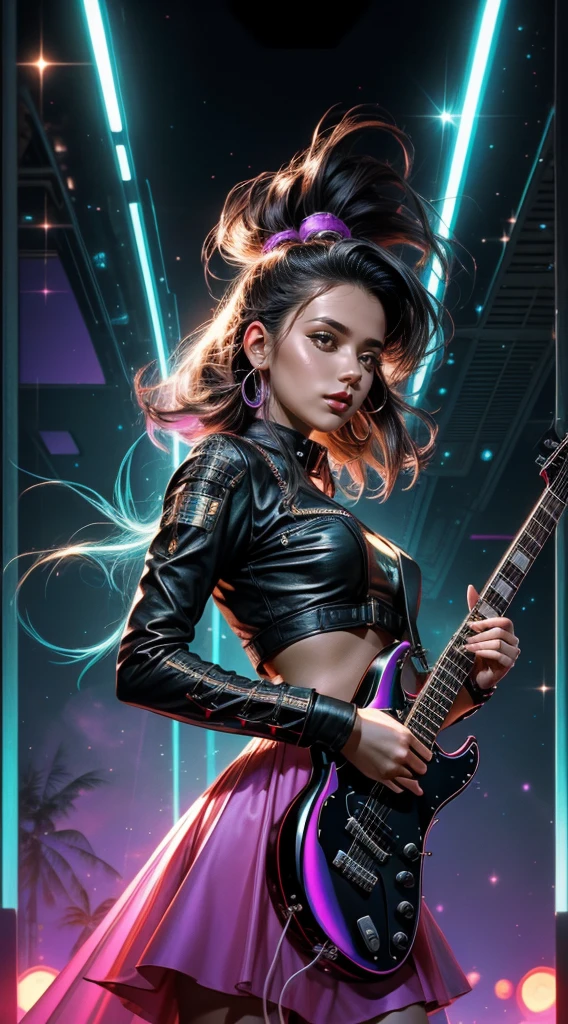 View from below. Beautiful rock-girl. Full length. Use rich colors to create a mystical atmosphere in your work. Use different light sources, such as yellow rays penetrating through the haze, to add depth and mystery. Draw a dynamic portrait of a rock star aged 27-30, focusing on her playing the electric guitar. Pay attention to details such as touching the strings with your fingers and facial expressions while immersed in the music. Add futuristic elements to your artwork, such as electric guitar accessories and space accessories. Emphasize retro and synthwave styles using laser beams, geometric patterns and symbols of the 80s. Experiment with the composition to create a dynamic and exciting image. You can use vintage furniture, palm trees or even spaceships in the background to create a mood. Focus on conveying emotions and moods through the colors, lighting, and gestures of your characters. Let your audience experience the energy and atmosphere of pop-rock music through your works. Close-up.