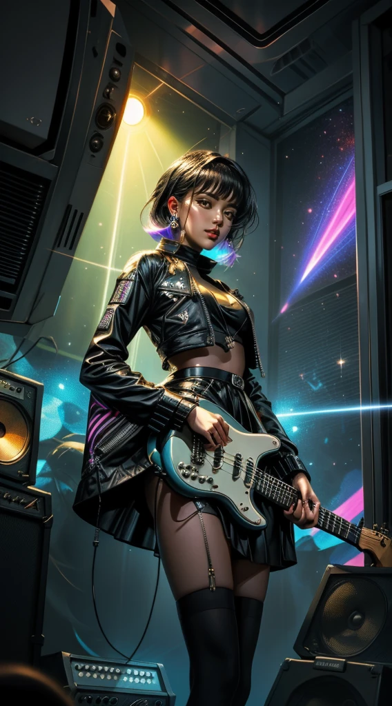View from below. Beautiful rock-girl. Full length. Use rich colors to create a mystical atmosphere in your work. Use different light sources, such as yellow rays penetrating through the haze, to add depth and mystery. Draw a dynamic portrait of a rock star aged 27-30, focusing on her playing the electric guitar. Pay attention to details such as touching the strings with your fingers and facial expressions while immersed in the music. Add futuristic elements to your artwork, such as electric guitar accessories and space accessories. Emphasize retro and synthwave styles using laser beams, geometric patterns and symbols of the 80s. Experiment with the composition to create a dynamic and exciting image. You can use vintage furniture, palm trees or even spaceships in the background to create a mood. Focus on conveying emotions and moods through the colors, lighting, and gestures of your characters. Let your audience experience the energy and atmosphere of pop-rock music through your works. Close-up.