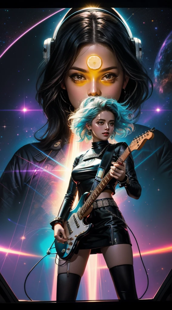 View from below. Beautiful rock-girl. Full length. Use rich colors to create a mystical atmosphere in your work. Use different light sources, such as yellow rays penetrating through the haze, to add depth and mystery. Draw a dynamic portrait of a rock star aged 27-30, focusing on her playing the electric guitar. Pay attention to details such as touching the strings with your fingers and facial expressions while immersed in the music. Add futuristic elements to your artwork, such as electric guitar accessories and space accessories. Emphasize retro and synthwave styles using laser beams, geometric patterns and symbols of the 80s. Experiment with the composition to create a dynamic and exciting image. You can use vintage furniture, palm trees or even spaceships in the background to create a mood. Focus on conveying emotions and moods through the colors, lighting, and gestures of your characters. Let your audience experience the energy and atmosphere of pop-rock music through your works. Close-up.