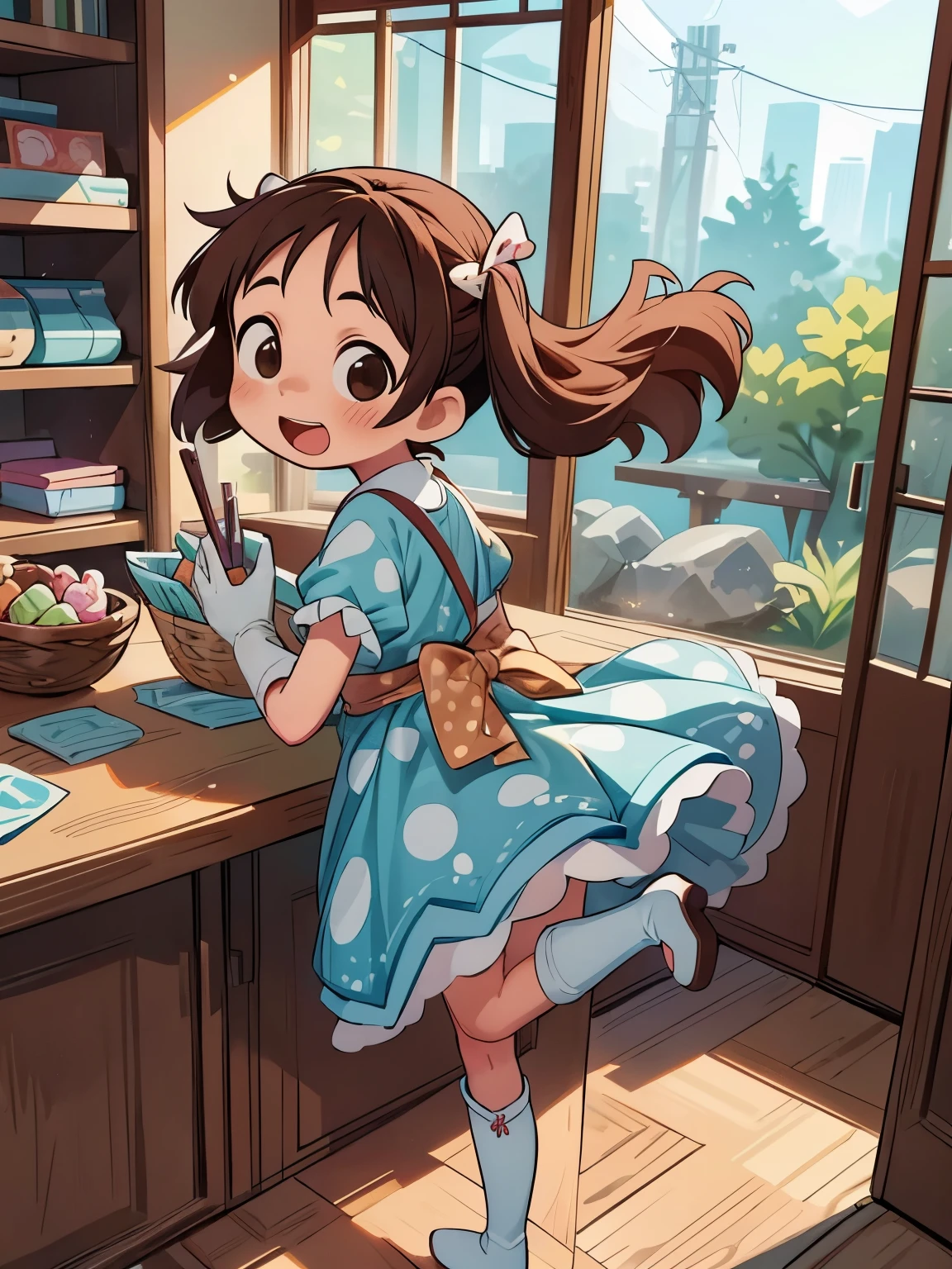 (masterpiece、highest quality、highest quality、Official Art、Beautiful and beautiful:1.2)、(One girl:1.3)Hatsune Miku、Twin tails,,(cute:1.5),(Little:0.5),(cute:2.0),(upon:2.0),(7-year-old 65),break, (Flat Chest:1.2,), Transparent muscle, Beautiful Skin, shy, Beautiful girl,Huge boobs(Hair Ribbon, Reddishn hair, Twin tails:1.2), (Brown eyes, Long eyelashes, double eyelids: 1.2), Shiny skin, break, star \(symbol\, (gloves, 白いgloves:1.3), (bug, dress,Polka dots:1.3) , View Viewer,(Knee-high boots:1.2),break,from the front, dynamic Angle,Outdoor,(Happy,:d,An angelic smile,Jumping,目はstarです:1.3),break,(indoor,Confectionery shop,Japanese Buildings,Merchandise Shed,棚uponのキャンディー,over the counter,Elderly woman sitting at counter,Sliding glass door:1.2),(I have hands full of candy,standing,Jumping:1.3),break,Wakame seaweed,Wakame seaweed,Wakame seaweed,(Very detailedな CG Unity 8k 壁紙),(highest quality, Very detailed, colorful, Highest detail),(Super detail),(Best illustrations),(Best Shadow),throw,Realistic lighting and shading,Natural light,Lens flare effect,Absurd,The absolute solution,unbelievably ridiculous,High resolution,Ultra-detailed,Official Art,Unity 8k,Kinetic Typography BREAK