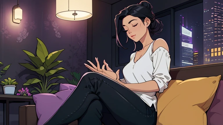 Beautiful woman in her 30s with black hair is sitting on the sofa. Looking down, eyes closed, LOFI girl, alone in the room, blouse, cozy wallpaper, big cushion, bookshelf, relaxing mood, night core, cozy, wide glass window with skyscrapers, outside view at night, only five fingers, purple wall,
