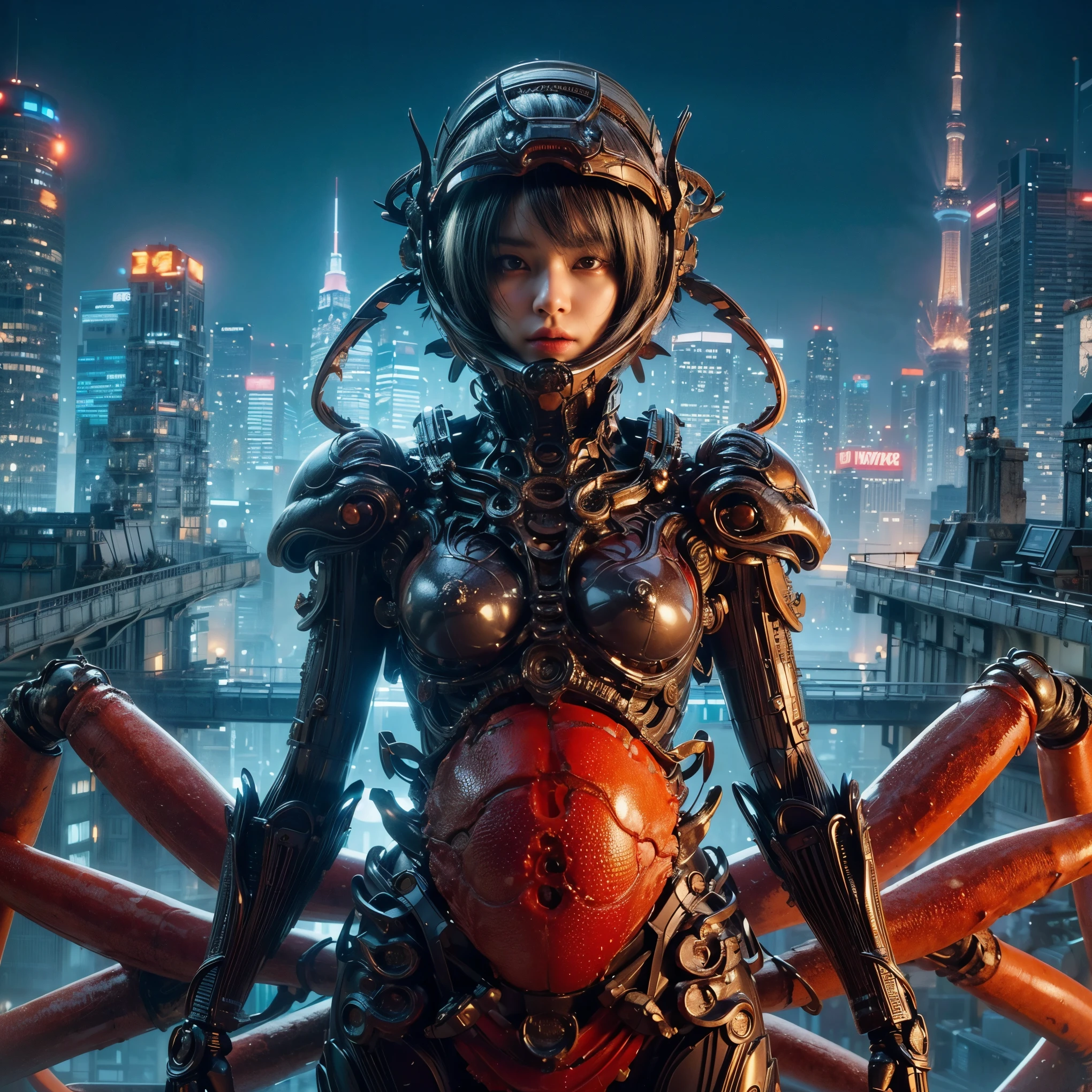 (top-quality:1.2, masterpiece), ultra high resolution, (Photorealsitic:1.4), (crab-base body), 1 Japanese female, extremely realistic face, (white hair), ((ultimately intricate all details)), (whole body picture), realistic shadow, octan render, glossy textures, character edge light, Details of complex ornaments, dystopia with a beautiful view at night, fighting pose