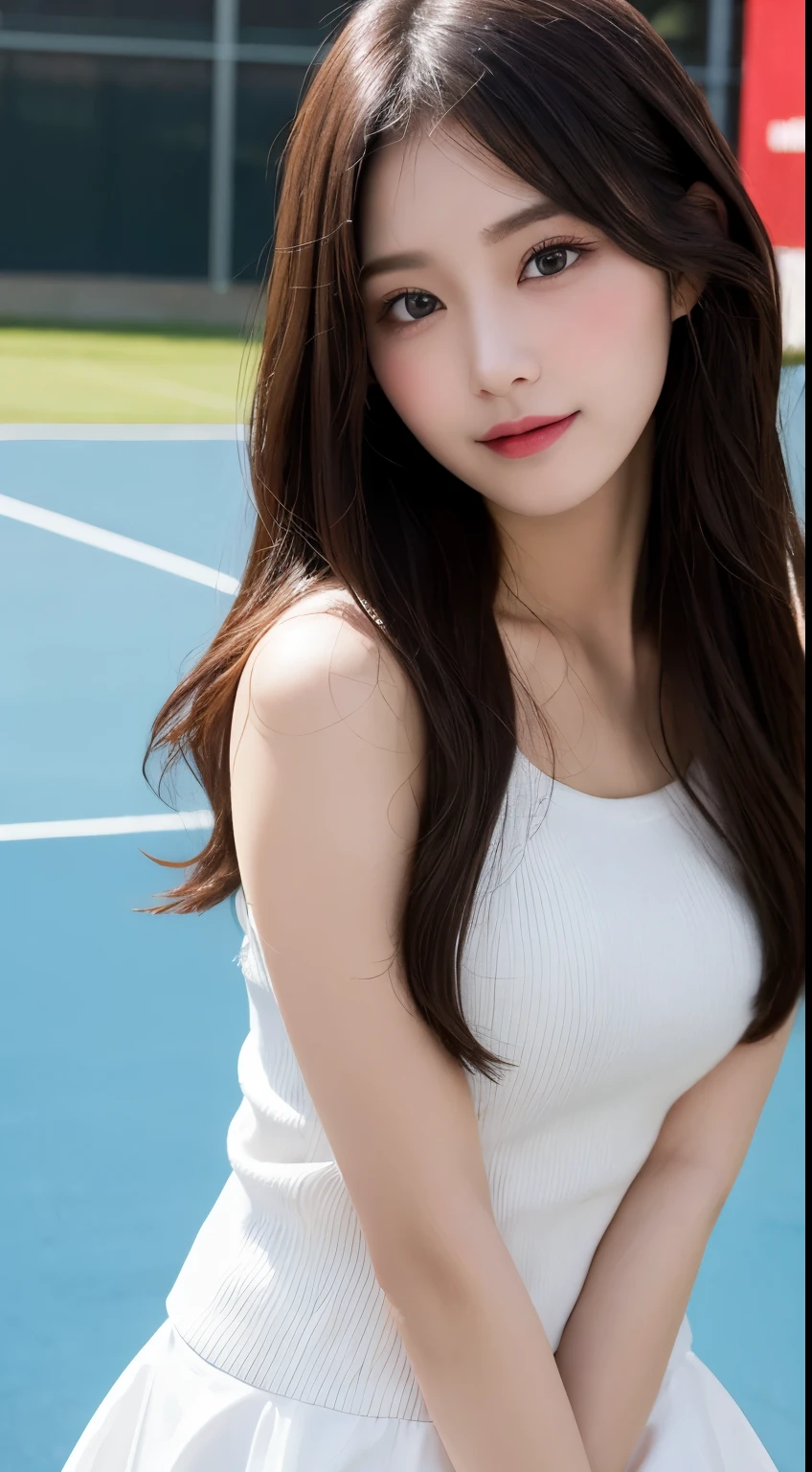 Tabletop, highest quality, shape, Very detailed, finely, High resolution, 8k wallpaper, 完璧なダイナミックな構shape, Beautiful and exquisite, Nice spring clothes,Beautiful straight hair,Small breasts,Natural color lip, 20-year-old girl、cute、sexy shot looking at camera,Always blur the background,Perfect and beautiful face、Slim face and figure,Big eyes、Putting on gal makeup,Actual Photos(Best image quality)、Sexy Face、Fashion magazine model pose、A shy smile、Cyberpunk Fashion、Enjoy tennis