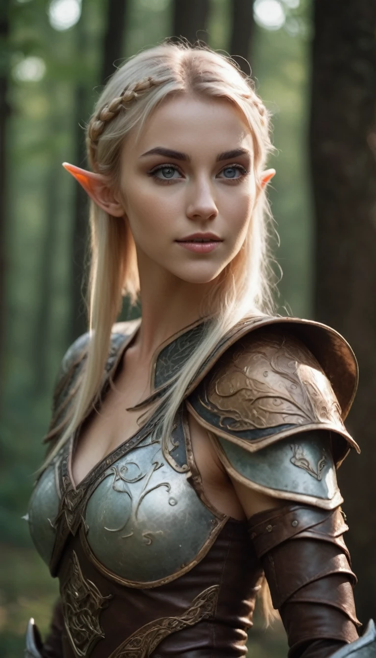 cinematic Glamour photo cinematic photo (masterpiece, 4k, elf woman, nsfw, perfect face, best quality), photo of very beautiful young slim sexy dirty elf warrior, blonde hair, light lether armor, tunic, ancient forgotten symbols on armor, muscular body, standing in forest city. 35mm photograph, film, professional, 4k, highly detailed . 35mm photograph, film, professional, 4k, highly detailed (freckles:0.5) , (coy smile) (elven features) (night time) , (Fire side fairytale lighting) ,