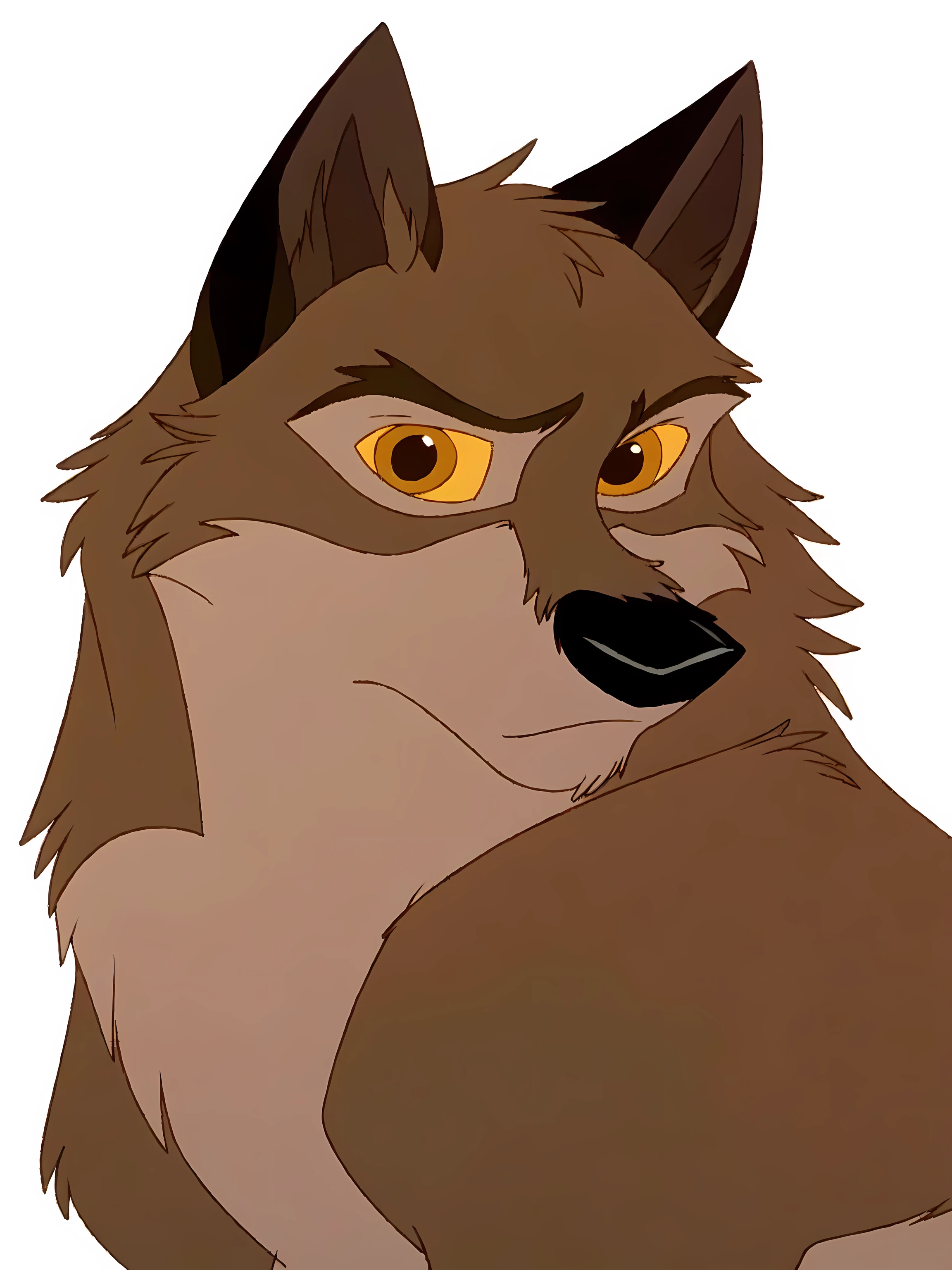 balto, full body, feral, detailed, detailed eyes, quadruped, very muscular:1.2, pectorals:1.2, biceps, wfa anatomy, black lineart, black outline, male, masculine, adult, wolf, wolf body, wolf tail, brown iris, yellow sclera, cartoon shading, cel shaded:1.0, white background, full body, paws