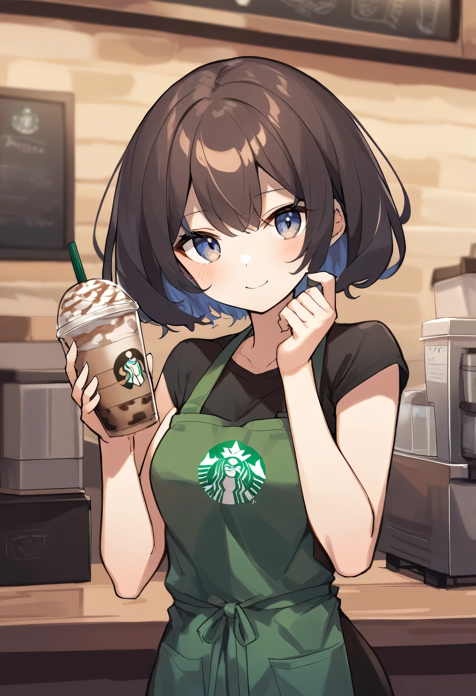 1girl, medium breasts,solo,Bob hairstyle、Hair color: Brown、Beautiful blue eyes、Smile starbuni, emblem,green apron,starbucks, holding pen,Starbucks、Frappuccino、
dutch angle, panorama shot, looking at viewer, expressionless,  closed mouth,
best quality,medium quality,