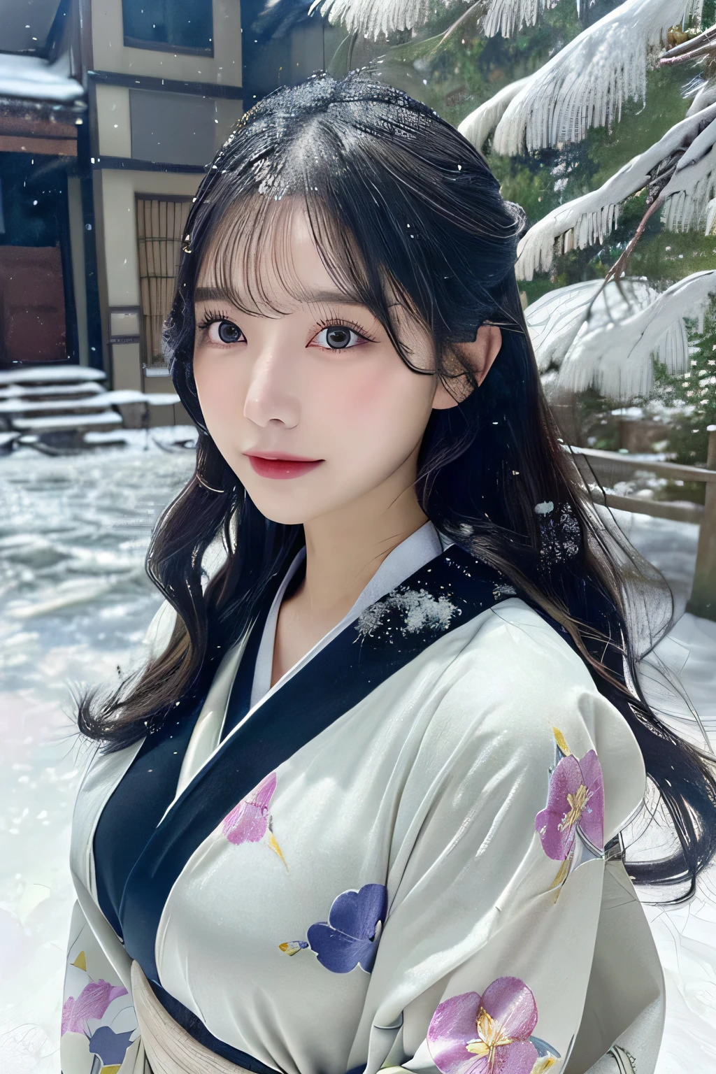 (Kimono)、、(top-quality,masterpiece:1.3,超A high resolution,),(ultra-detailliert,Caustics),(Photorealsitic:1.4,RAW shooting,)Ultra-realistic capture,A highly detailed,high-definition16Kfor human skin、 Skin texture is natural、、The skin looks healthy with an even tone、 Use natural light and color,One Woman,japanes,,kawaii,A dark-haired,Middle hair,(depth of fields、chromatic abberation、、Wide range of lighting、Natural Shading、)、、(Falling snow:1.3)、(Hair swaying in the wind:1.3)、(Snow reflects light:1.3) 、(Large Breasts:1.3)、