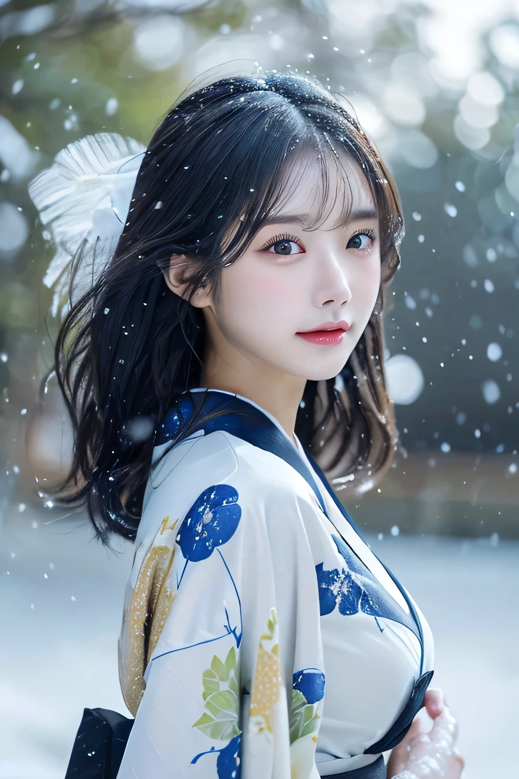 (Kimono)、、(top-quality,masterpiece:1.3,超A high resolution,),(ultra-detailliert,Caustics),(Photorealsitic:1.4,RAW shooting,)Ultra-realistic capture,A highly detailed,high-definition16Kfor human skin、 Skin texture is natural、、The skin looks healthy with an even tone、 Use natural light and color,One Woman,japanes,,kawaii,A dark-haired,Middle hair,(depth of fields、chromatic abberation、、Wide range of lighting、Natural Shading、)、、(Falling snow:1.3)、(Hair swaying in the wind:1.3)、(Snow reflects light:1.3) 、(Large Breasts:1.3)、