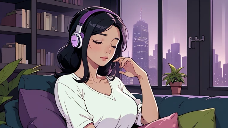 Beautiful woman in her 30s with black hair tied is sitting on the sofa with her eyes closed. and wearing headphones listening to music. Looking down, eyes closed, LOFI girl, alone in the room, V-neck blouse, cozy wallpaper, big cushion, bookshelf, beautiful flowers, plants, relaxing mood, night core, cozy, wide glass window with skyscrapers, outside view at night, only five fingers, dark room, purple wall,