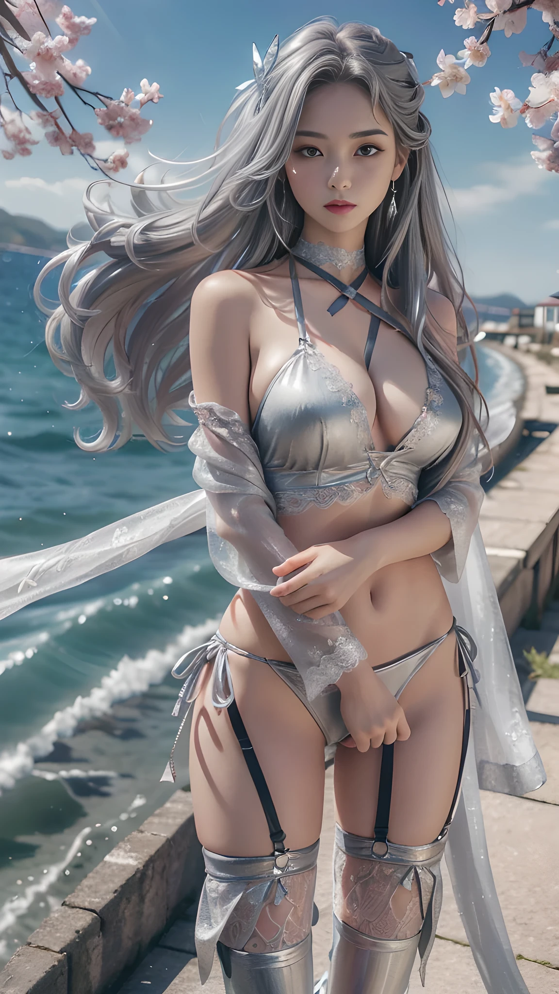 8K, ultra hd, masterpiece, hd color, 1 girl, perfect face, very long curly hair, detailed eyes, she wears a little sexyly silver bikini, ((silver clothes)), stockings, (( criss-cross lace)), sardine, straps, clothing net, ((long loop)), jewelry, seaside, Realistic landscape, majestic landscape, standing in front of the night, evening, Butterfly , cherry blossoms, blowing wind, perfect posture, sexyly poses,