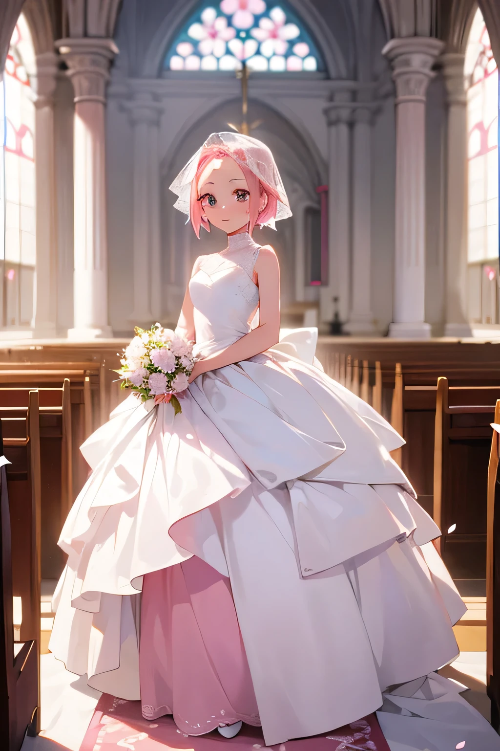 Sakura haruno, ((alone)), alone, bride, Wearing a white wedding dress, Queen, Happy, ((Show your forehead)), Are standing, Entering the Church, Pink Hair, short hair, delicate, young, short hair, Detailed face, High resolution, ((whole body)), (Flowers around her), whole body, she is a beautiful woman getting married, High quality face, beautiful, Shine