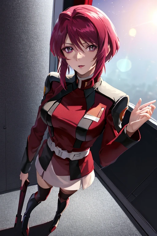 lacus4, (short, vibrant red hair with a distinctive side fringe, purple eyes, masterpiece, standing confidently, high resolution, 8K, Best Quality, Anime style: 1.9, Young Woman, Solo, Lunamaria Hawke from Gundam Seed Destiny, ultra-detailed head, futuristic setting with advanced technology and space backdrop, military-style uniform in shades of red, white, and black, fitted jacket, short skirt, knee-high boots, photorealistic lighting, sharp focus, detailed painting, HDR, vibrant color: 1.2, bokeh: 1.2, lens flare, K