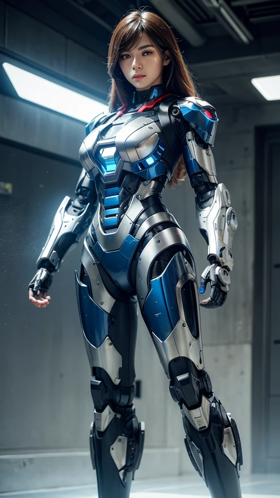 Textured skin, Super Detail, high details, High quality, Best Quality, hight resolution, 1080p, hard disk, Beautiful,(Iron Patriot),2 females,beautiful cyborg woman,Mecha Cyborg Girl,Battle Mode,Girl with a Mecha Body,She wears a futuristic Iron Patriot mech,Fulll body Shot,A powerful cyborg woman, sleek and futuristic, with advanced mechanical augmentations that enhance her strength and capabilities.