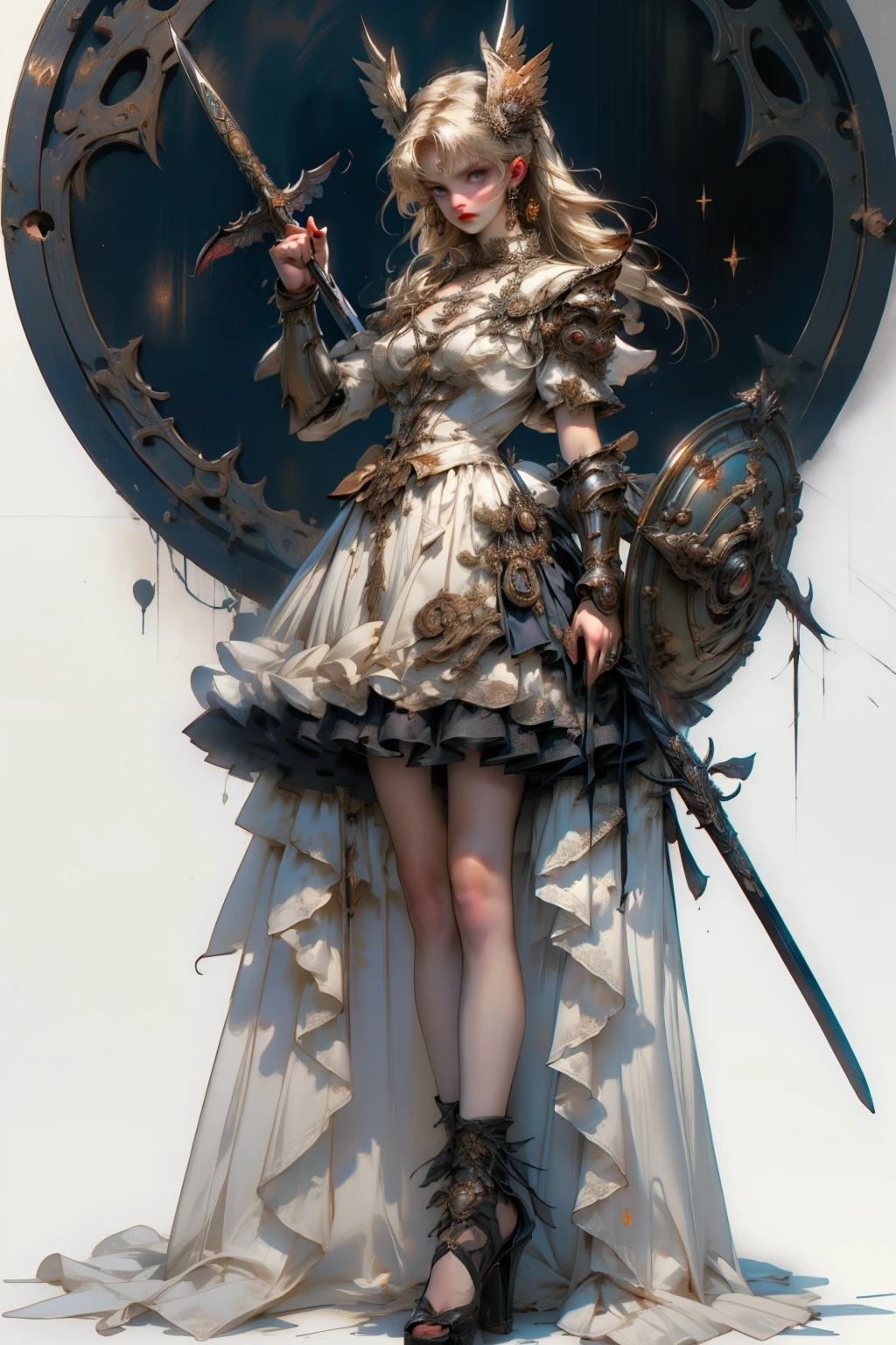 ((best quality)), ((masterpiece)), (detailed), blank white background, plain background, white background, Bloodborne inspired, occult aesthetic, occult, detailed and intricate steampunk and detailed gothic, NSFW, Very dramatic and cinematic lighting, cosmic horror, grim-dark, side-lighting, perfect face, a beaituful goddess valkyrie adorned and enshrined in armour, Bloodborne inspired valkyrie, occult aesthetic valkyrie, occult valkyrie, detailed and intricate steampunk and detailed gothic valkyrie, wielding a sword and holding a shield, NSFW, Fluttering lace flared long knee length dress with frilly petticoats, knee length dress, pleated petticoats, lolita dress, petticoats gothic lolita, side-lighting, gothic lolita aesthetic, beautiful small breasts, small breasts, full body, whole body, body, plain background, white background, blank background, no background, white background NSFW, full body, whole body, head-to-toe