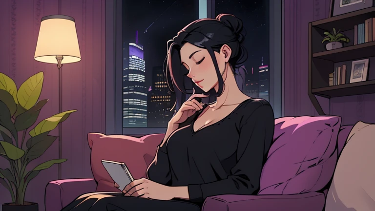 Beautiful woman in her 30s with black hair tied is sitting on the sofa with her eyes closed. and wearing headphones listening to music. Looking down, eyes closed, LOFI girl, alone in the room, V-neck blouse, cozy wallpaper, big cushion, bookshelf, beautiful flowers, plants, relaxing mood, night core, cozy, wide glass window with skyscrapers, outside view at night, only five fingers, dark room, purple wall,
