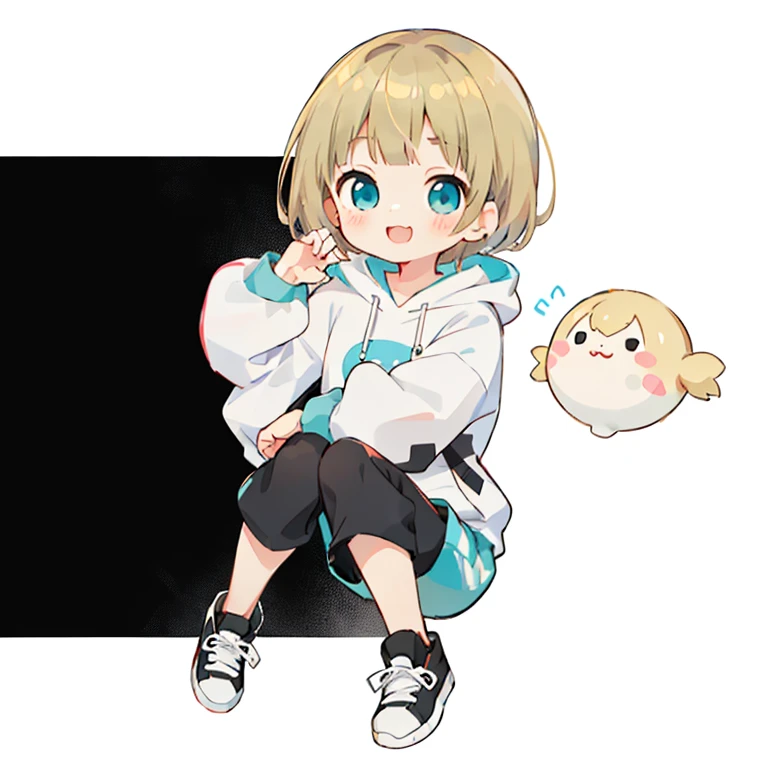 Momoko Sakura style, Kawaii Design, (((Many people々)))、The most beautiful girl of all time、Little, Blonde Hair、Short Mash Hair、The front hair is even、Turquoise Eyes、White hoodie、Black hot pants、Black sneakers、He has food stuffed in his cheeks and looks happy.、breast enhancement、I puff out my cheeks