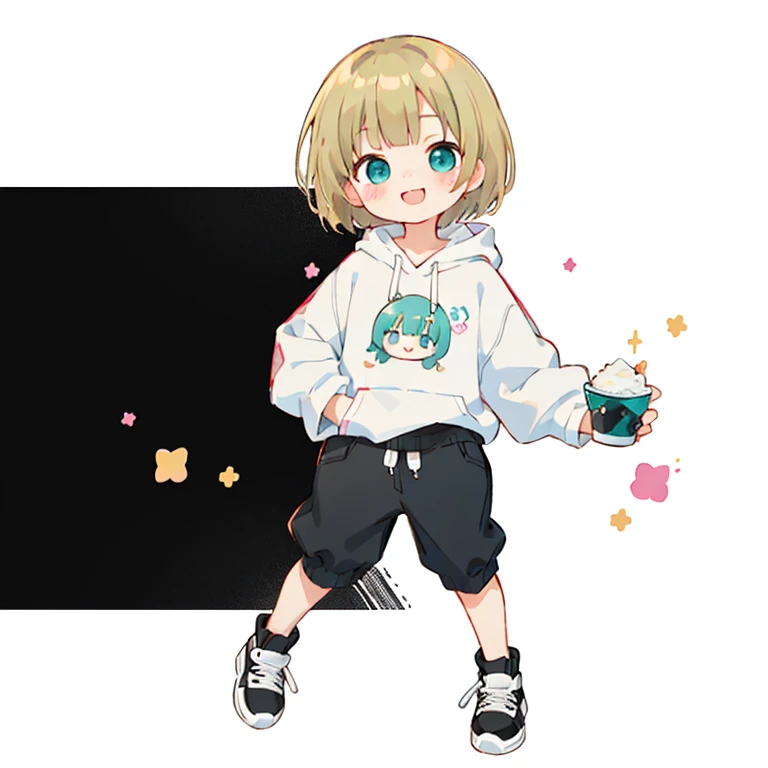 Momoko Sakura style, Kawaii Design, (((Many people々)))、The most beautiful girl of all time、Little, Blonde Hair、Short Mash Hair、The front hair is even、Turquoise Eyes、White hoodie、Black hot pants、Black sneakers、He has food stuffed in his cheeks and looks happy.、breast enhancement、I puff out my cheeks