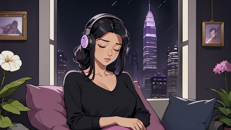 Beautiful woman in her 30s with black hair tied is sitting on the sofa with her eyes closed. and wearing headphones listening to music. Looking down, eyes closed, LOFI girl, alone in the room, V-neck blouse, cozy wallpaper, big cushion, bookshelf, beautiful flowers, plants, relaxing mood, night core, cozy, wide glass window with skyscrapers, outside view at night, only five fingers, dark room, purple wall,