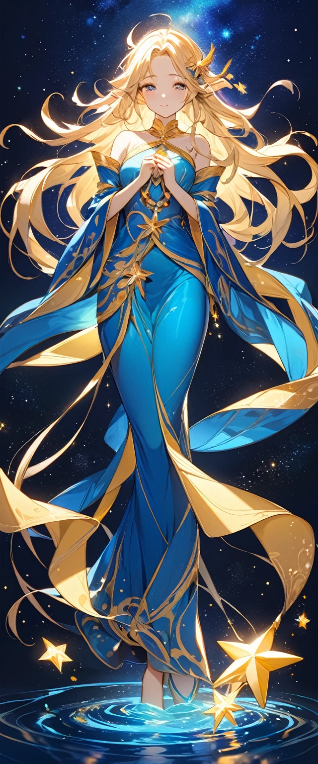 naughty elf.Night Guardian.Dark blue background,Narrative poetry with a dreamy atmosphere,The starry sky sparkles with golden stars,The beautiful oriental girl transforms into an elf and wears blue luminous silk,clean background,Messy hair,A large amount of stardust gathers into a swimming winding river of stars,The wind blows golden lines with soft glow,Flat design style,Highly saturated colors,Golden light spots shine on the face of the beautiful girl,quiet and gentle。