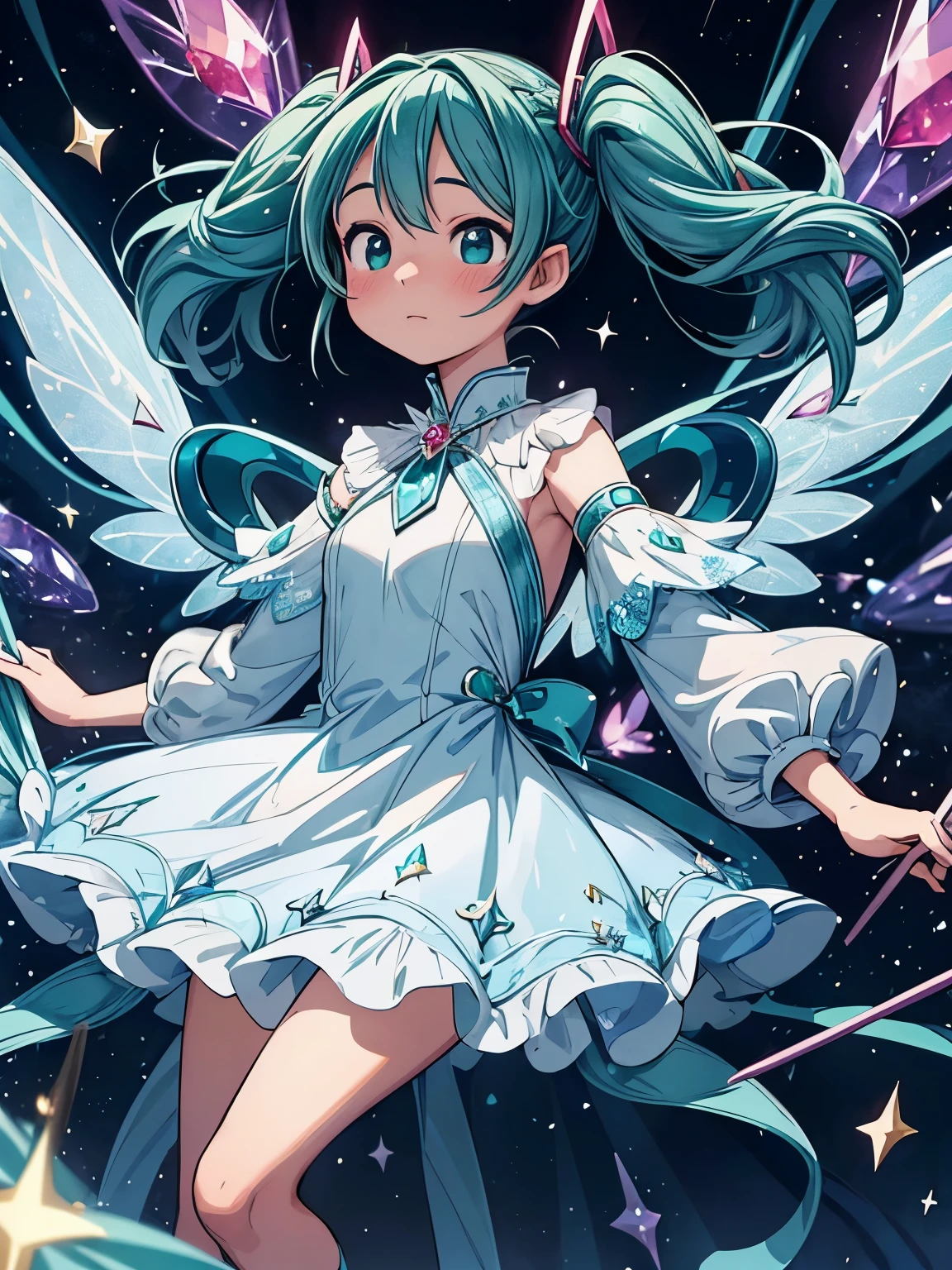 (masterpiece、highest quality、highest quality、Official Art、Beautiful and beautiful:1.2)、(One girl:1.3)Hatsune Miku、Twin tails,Big Breasts,Illustration of a fairy girl with sparkling wings and precious jewels, Wearing a sparkling dress adorned with emeralds, sapphire, and Ruby, With a small glowing stick, Surrounded by a magical aura of twinkling stars and sparkling crystals.