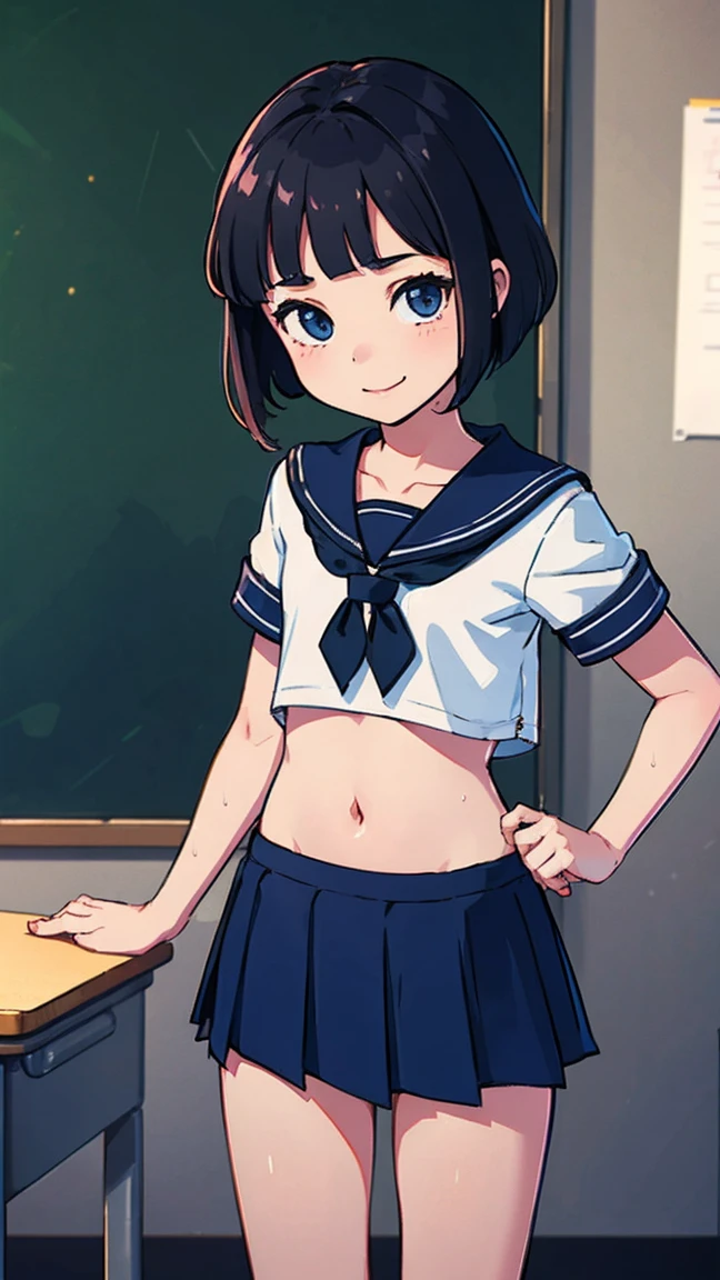 (masterpiece, highest quality:1.2), 8K, young beautiful girl, 85mm,Official AR RAW Photos, baby face、flat chest,Hairless pussy、show me your ears、photo shoot, cute face, petit,skinny,slender, After school classroom, looking at the viewer, embarrassing、smile、no makeup, film grain, chromatic aberration, sharp focus, face light, clear lighting, Ten generations, detailed face, background bokeh、((((((9 year old high school girl))))))、thin waist、wet transparent white short sailor suit、navy blue mini skirt、no bra, no panties, lift skirt above the waist