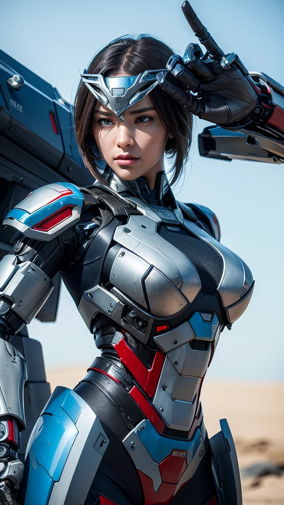 Textured skin, Super Detail, high details, High quality, Best Quality, hight resolution, 1080p, hard disk, Beautiful,(Iron Patriot),2 females,beautiful cyborg woman,Mecha Cyborg Girl,Battle Mode,Girl with a Mecha Body,She wears a futuristic Iron Patriot mech,Fulll body Shot,A powerful cyborg woman, sleek and futuristic, with advanced mechanical augmentations that enhance her strength and capabilities.