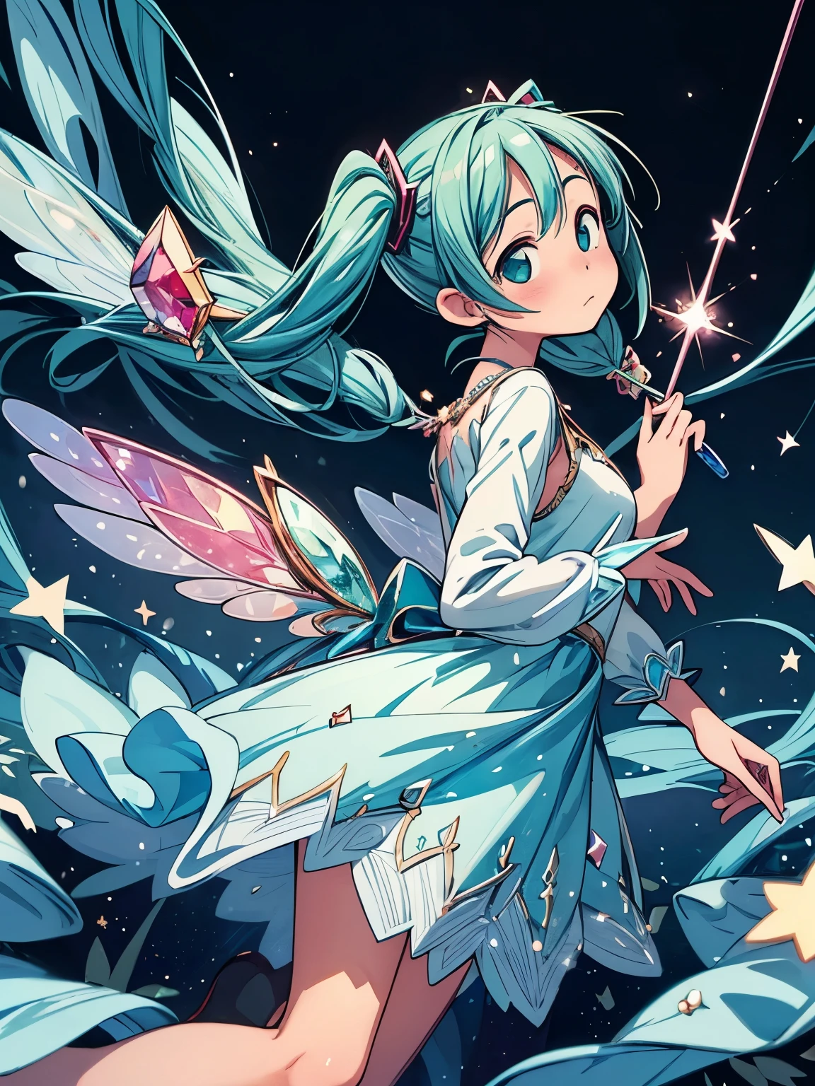 (masterpiece、highest quality、highest quality、Official Art、Beautiful and beautiful:1.2)、(One girl:1.3)Hatsune Miku、Twin tails,Big Breasts,Illustration of a fairy girl with sparkling wings and precious jewels, Wearing a sparkling dress adorned with emeralds, sapphire, and Ruby, With a small glowing stick, Surrounded by a magical aura of twinkling stars and sparkling crystals.