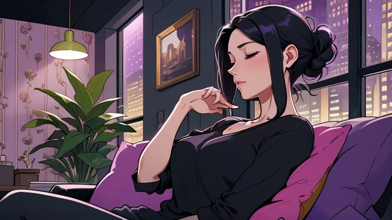 Beautiful woman in her 30s with black hair tied is sitting on the sofa with her eyes closed. and wearing headphones listening to music. Looking down, eyes closed, LOFI girl, alone in the room, V-neck blouse, cozy wallpaper, big cushion, bookshelf, beautiful flowers, plants, relaxing mood, night core, cozy, wide glass window with skyscrapers, outside view at night, only five fingers, dark room, purple wall,