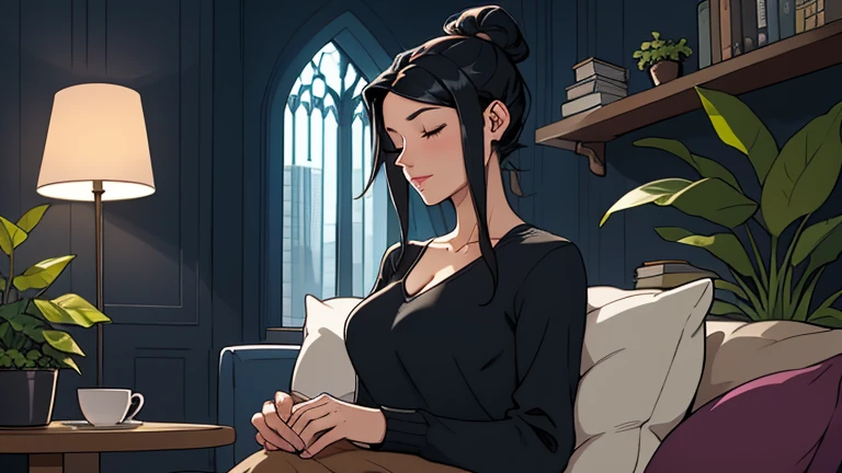 Beautiful woman in her 30s with black hair tied is sitting on the sofa with her eyes closed. and wearing headphones listening to music. Looking down, eyes closed, LOFI girl, alone in the room, V-neck blouse, cozy wallpaper, big cushion, bookshelf, beautiful flowers, plants, relaxing mood, night core, cozy, wide glass window with skyscrapers, outside view at night, only five fingers, dark room, blue wall,