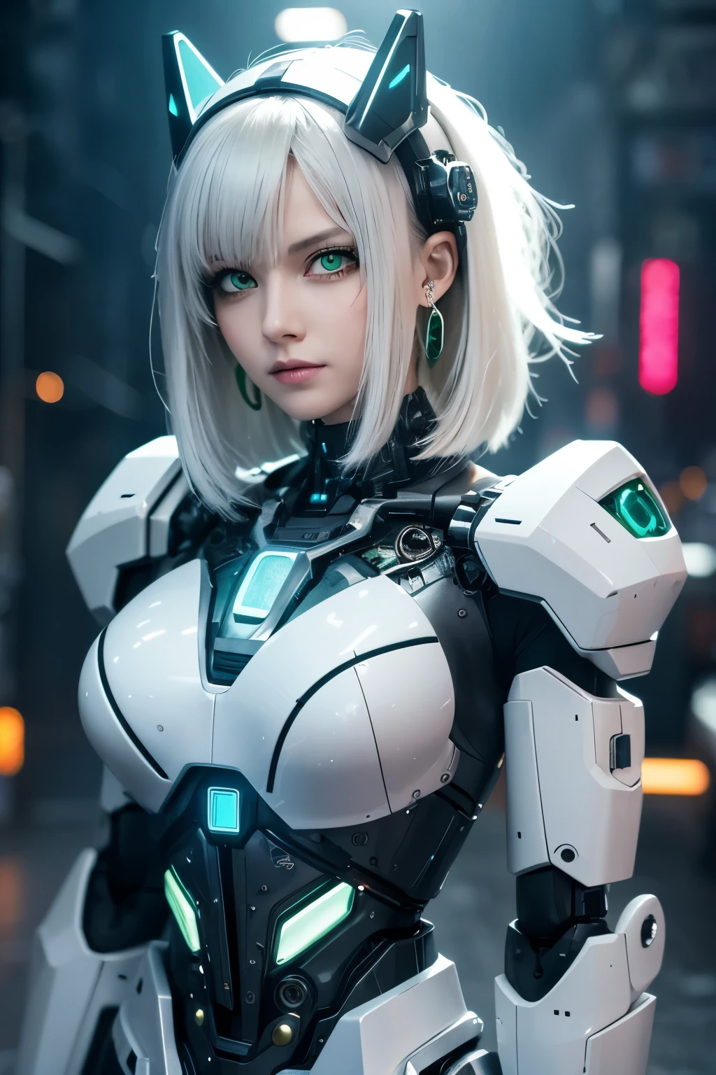 1 girl, alone, colorful, Green Eyes, cyber punk, Mechanical Scrap Zone, Cityscape, Stud earrings, Long, messy white hair, Mechanical Hat, Mechanical Body, robotic Arm, Mecha, robot, Mechanical Maiden, Neon Light, Beautiful light, Character Focus, CG illustration, Bust Shot, 8K resolution, Very detailed, Anatomically correct, Digital Painting, Concept Art, Clear images