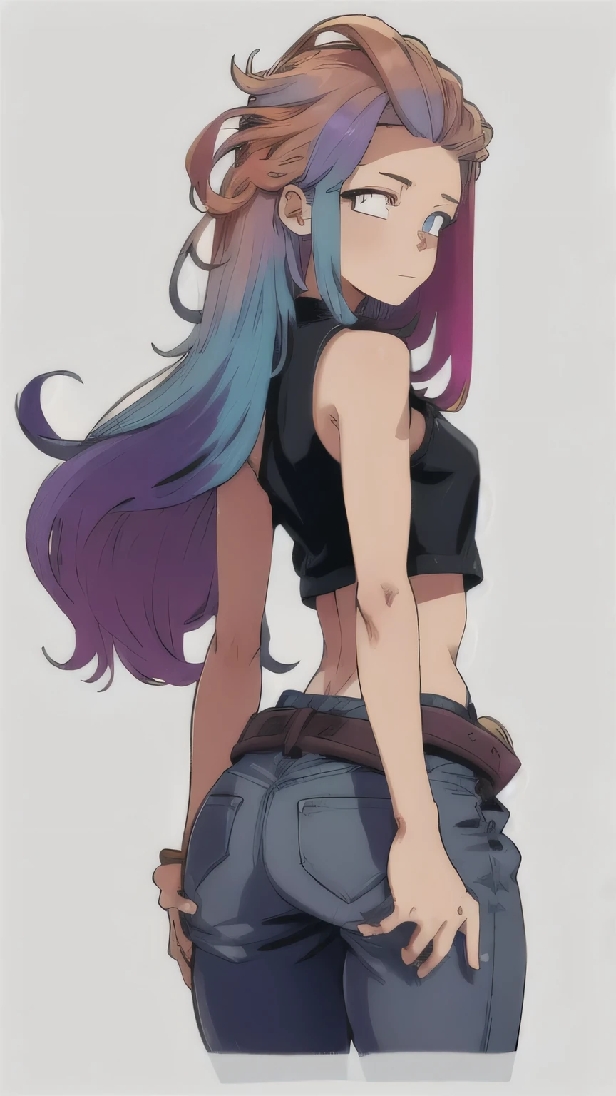 1 girl, Zoey, (Heterochromia:1.3), (long hair), (dirty hair), purple hair , in jeans and crop top, lush, magic hair, ass